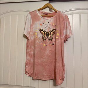 Rag Doll Butterfly T Shirt 1X Pink Tie Dye Short Sleeve Ruched Sides Spring